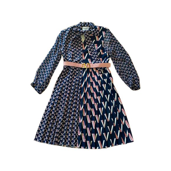 Navy and pink chiffon long sleeve dress - Picture 4 of 5